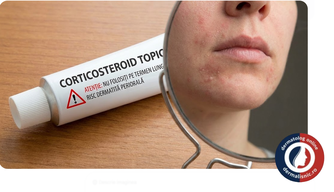 Tub de cremă corticosteroid topică lângă o zonă a feței cu iritație cutanată, simbolizând un factor declanșator al dermatitei periorale.