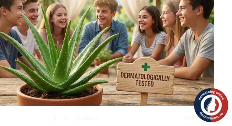 Imagine principală: Plantă proaspătă de Aloe Vera, cu frunze suculente, și în fundal, oameni cu piele sănătoasă, simbolizând ameliorarea acneei. Sugerează un remediu natural eficient.