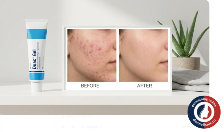 Imagine a Duac Gel tube with skin showing improving acne in the background, conveying hope and treatment.