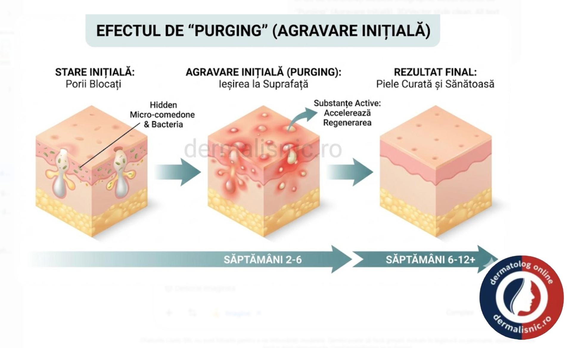 Diagramă temporală a efectului de purging (agravare inițială): aplicare produs, apariția temporară a unor noi coșuri, apoi ameliorarea treptată a acneei.