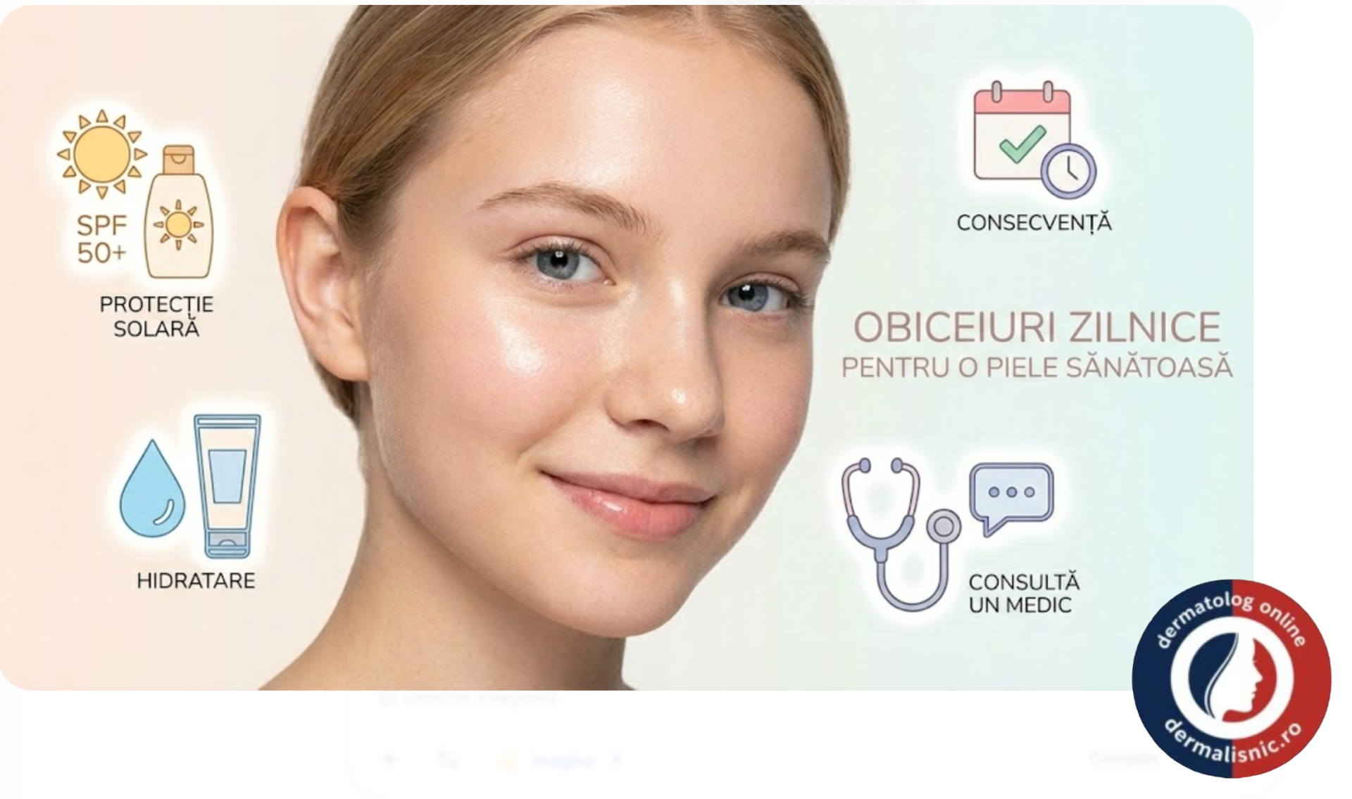 Infografic vertical cu ordinea corectă de aplicare a produselor de îngrijire a pielii pentru acnee: curățare, uscare, Duac Gel, hidratant, protecție solară.