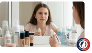 O persoană tânără examinând produse cosmetice, cu o jumătate de față reflectând piele cu acnee cosmetică și cealaltă jumătate piele curată, simbolizând alegerea conștientă a produselor și rezolvarea problemelor pielii.