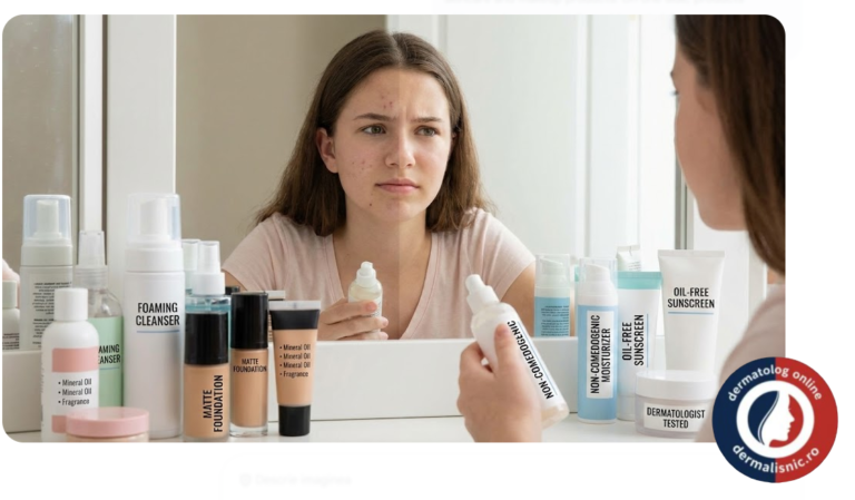 O persoană tânără examinând produse cosmetice, cu o jumătate de față reflectând piele cu acnee cosmetică și cealaltă jumătate piele curată, simbolizând alegerea conștientă a produselor și rezolvarea problemelor pielii.