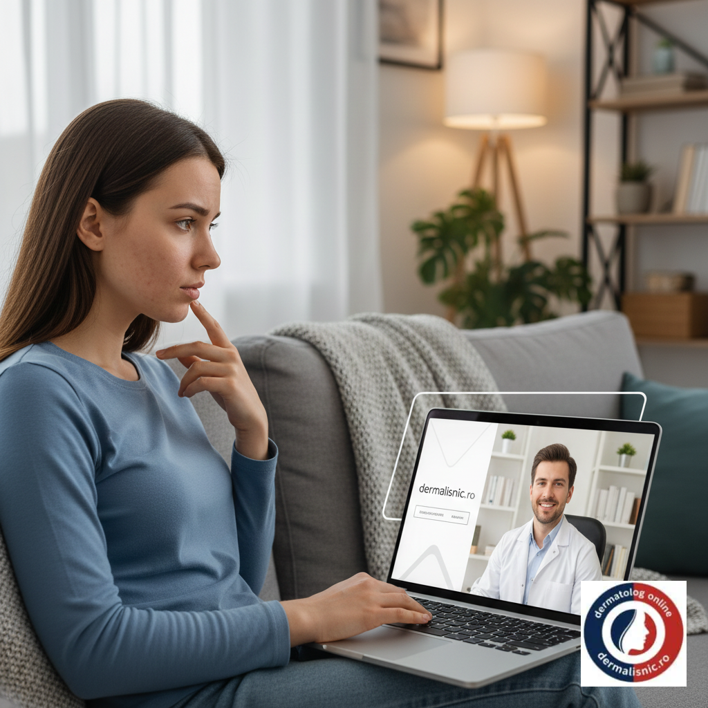O t&acirc;nără mamă europeană consultă un dermatolog online de pe laptopul său prin platforma Dermalisnic.ro, căut&acirc;nd ajutor pentru acneea severă &icirc;n sarcină și alăptare.