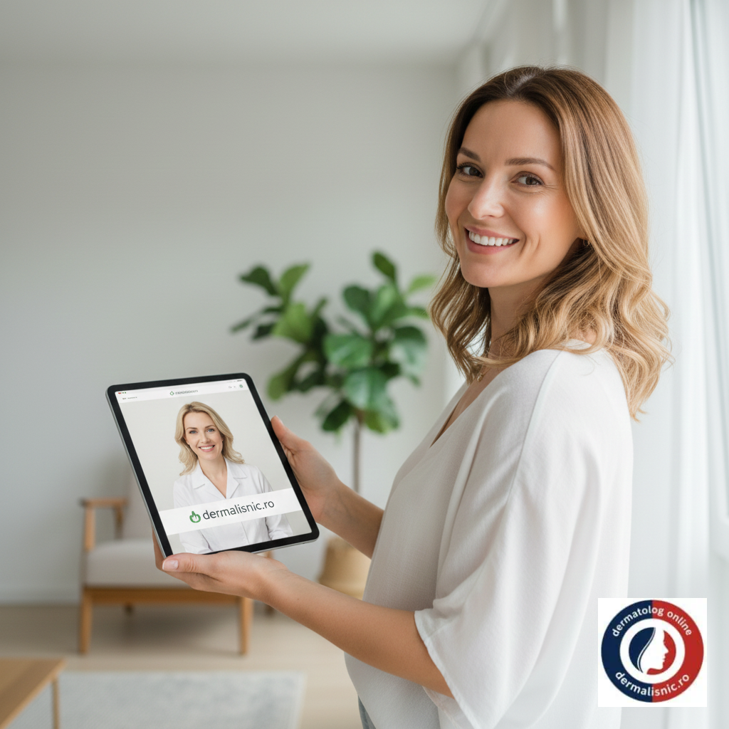 Femeie europeană z&acirc;mbind cu &icirc;ncredere, av&acirc;nd un ten curat și radiant, &icirc;n timpul unei consultații video cu un dermatolog online pe platforma Dermalisnic.ro, simboliz&acirc;nd succesul tratamentului la distanță.