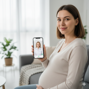 Femeie europeană însărcinată, cu un zâmbet radiant și piele naturală, discutând cu un dermatolog online prin smartphone pe platforma Dermalisnic.ro, simbolizând consult online pentru acnee în sarcină.