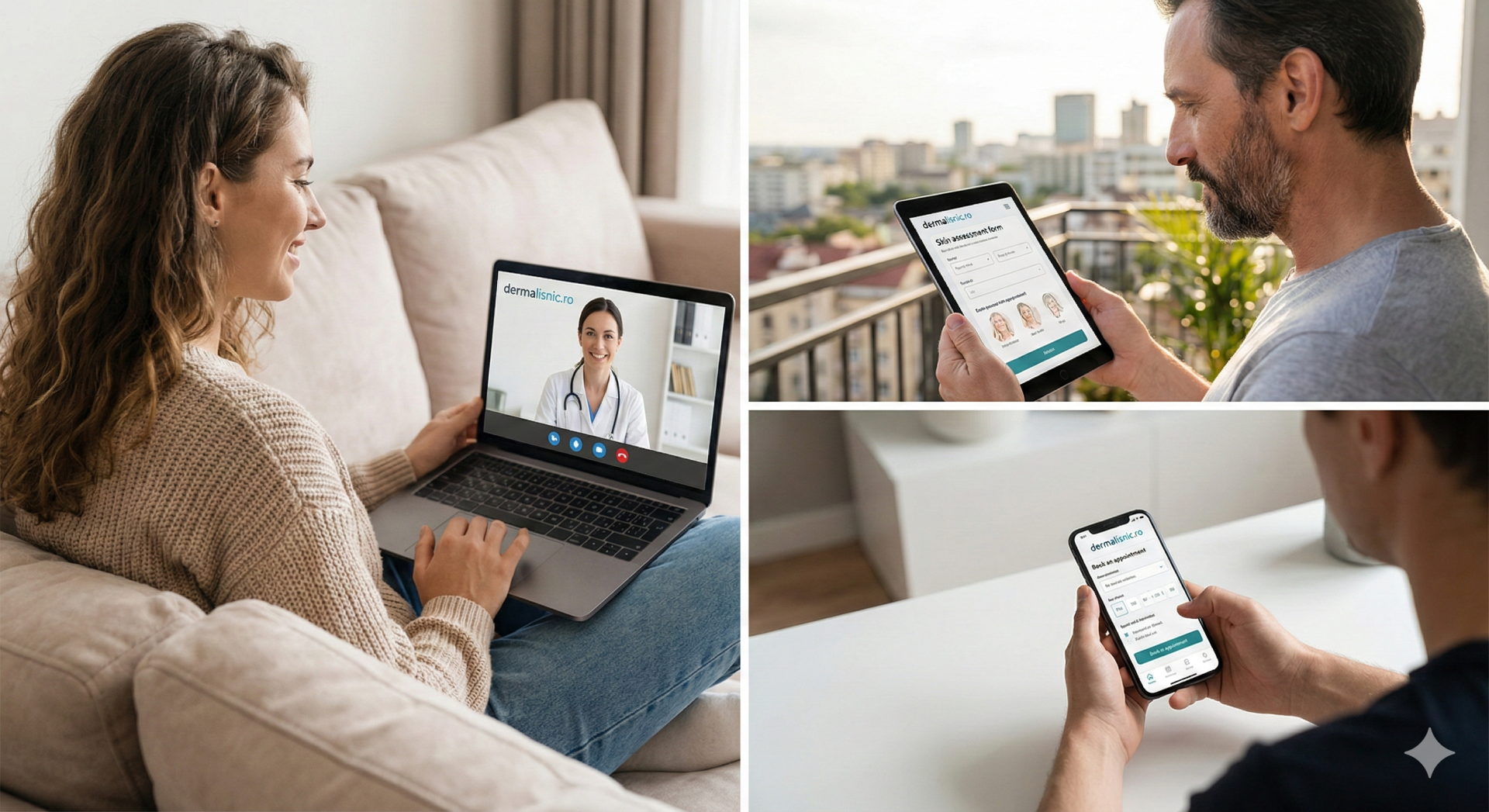 Oamenii accesează cu ușurință servicii de dermatologie online de acasă, ilustrând confortul și accesibilitatea consultațiilor online oferite de Dermalisnic. Benzoyl Peroxide și Antibiotice Topice pentru Acnee