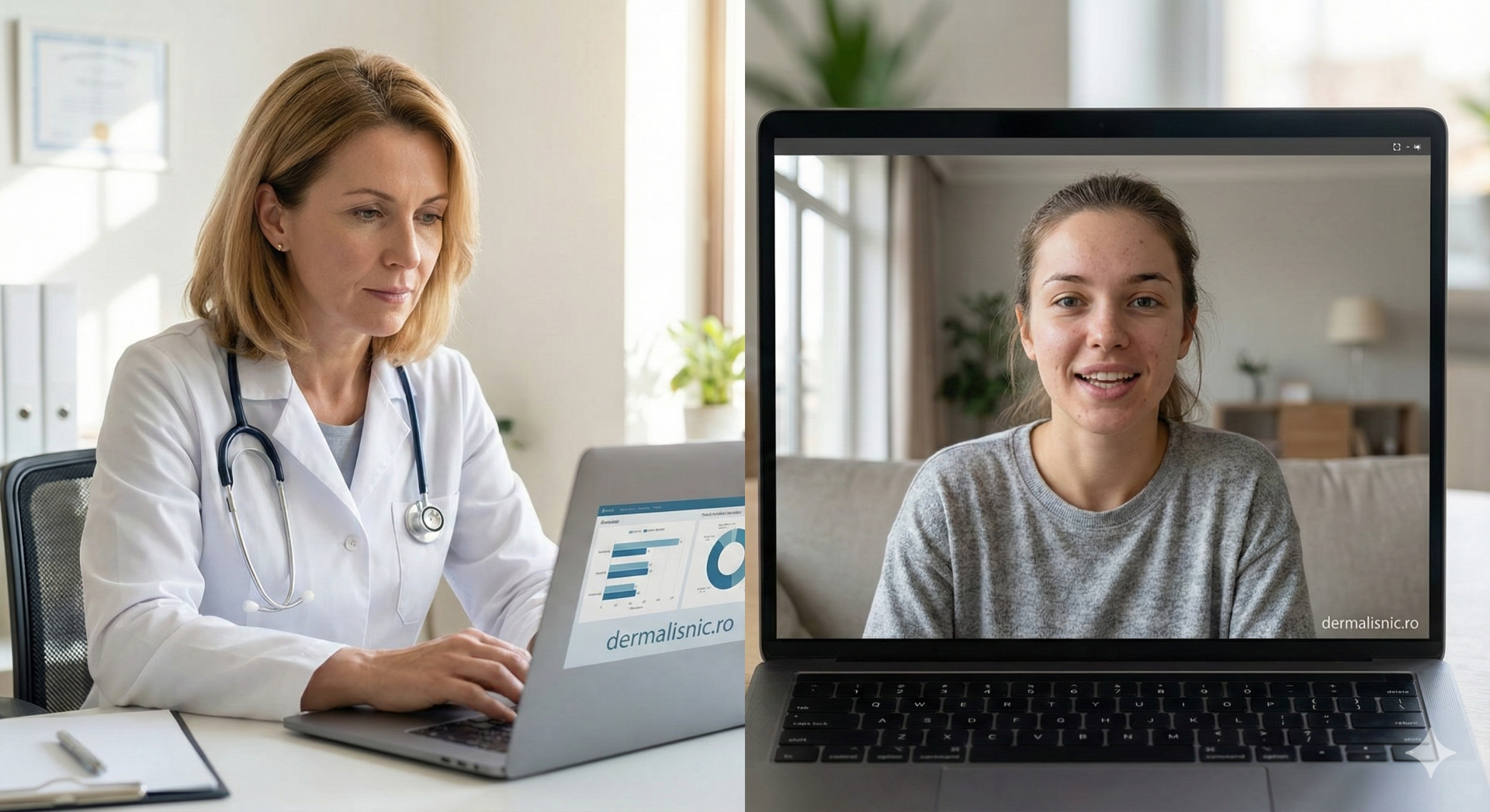 Un dermatolog online Dermalisnic evaluând progresul tratamentului pentru acnee al unui pacient, demonstrând importanța consultului online de follow-up și ajustarea strategiei.