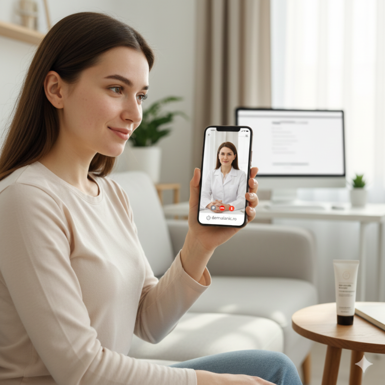 O tânără zâmbitoare în consult online cu un dermatolog, ilustrând eficacitatea tratamentului pentru acnee. Imaginea subliniază accesibilitatea serviciilor de dermatolog online de la Dermalisnic.
