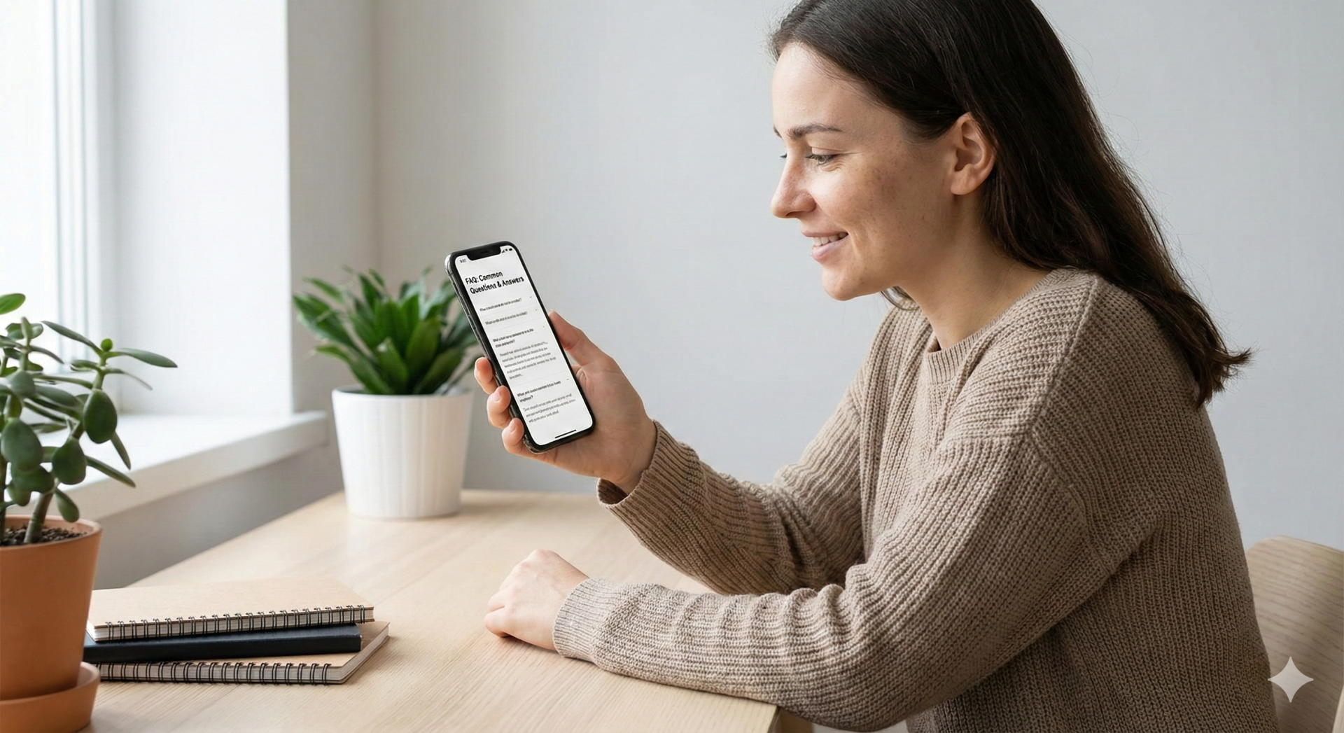 O tânără consultând secțiunea de întrebări frecvente pe smartphone, găsind răspunsuri clare și utile de la dermatologul online Dermalisnic pentru problemele pielii.