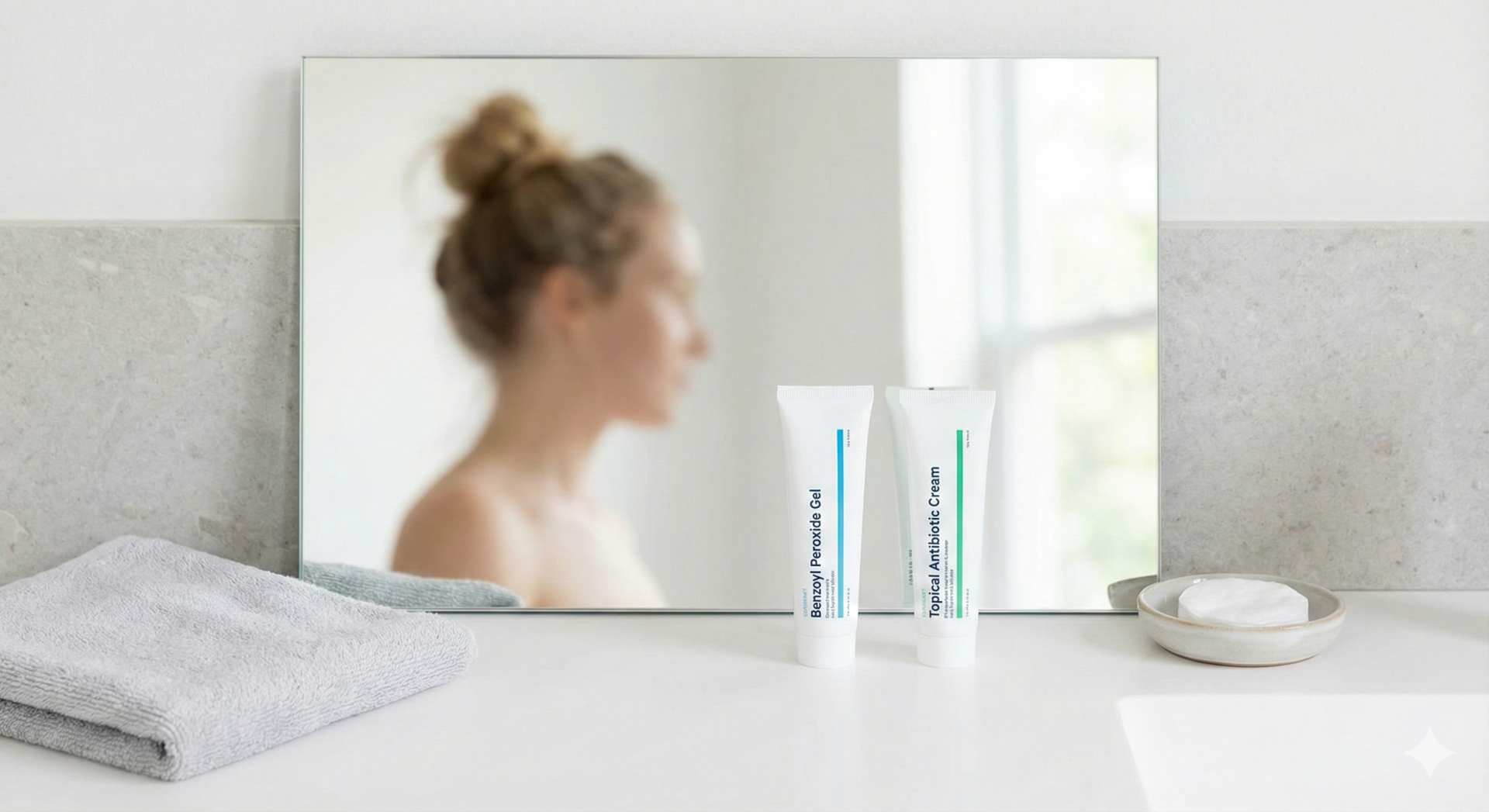 Două produse topice, peroxid de benzoil și antibiotic, aranjate, simbolizând sinergia terapeutică pentru acnee, conform ghidului unui dermatolog online Dermalisnic.