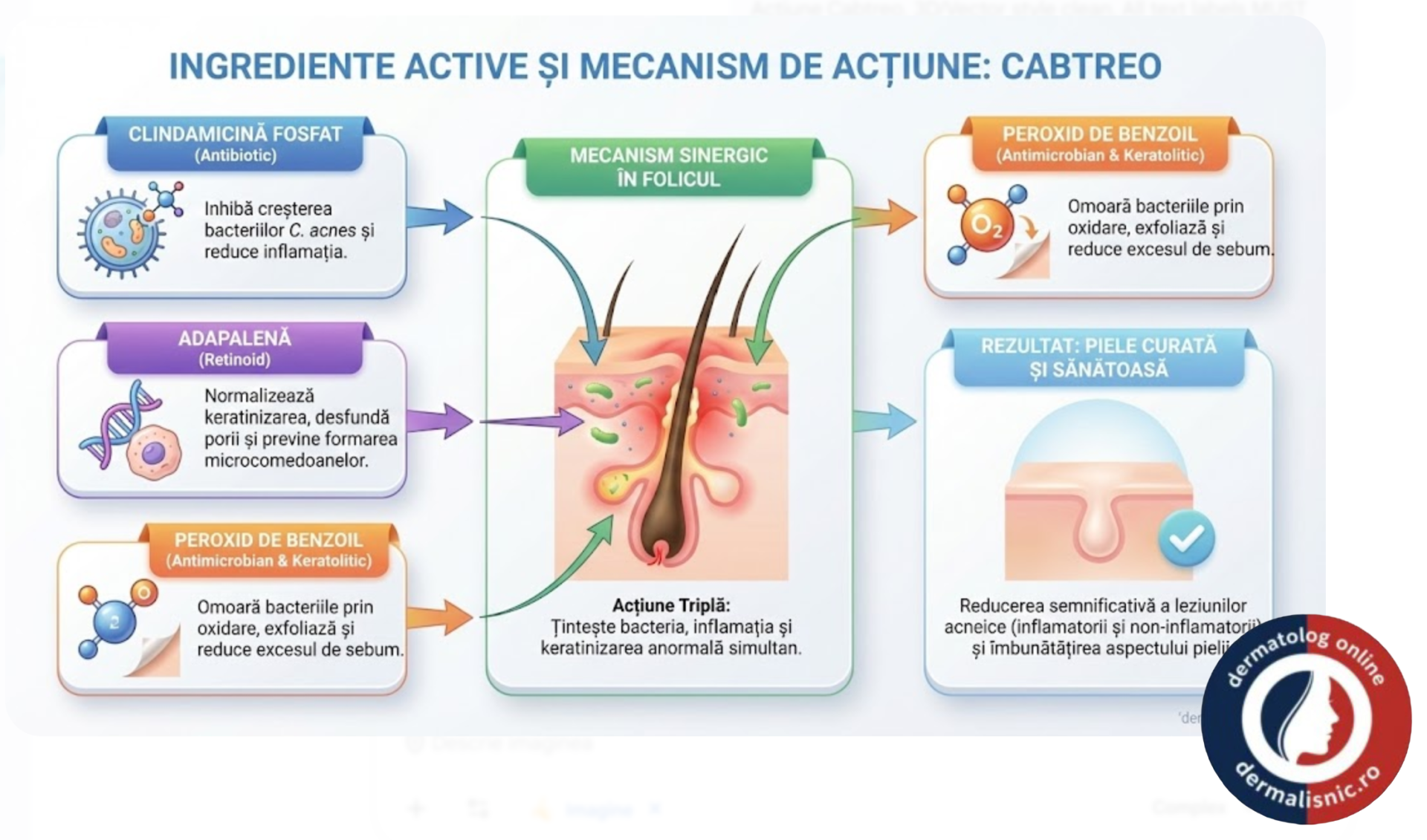 Reprezentare microscopică a sinergiei ingredientelor active Cabtreo: clindamicină, peroxid de benzoil și adapalenă.