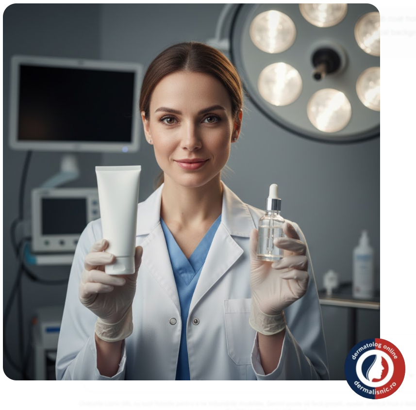 Medic dermatolog prezentând un produs recomandat în mediul clinic