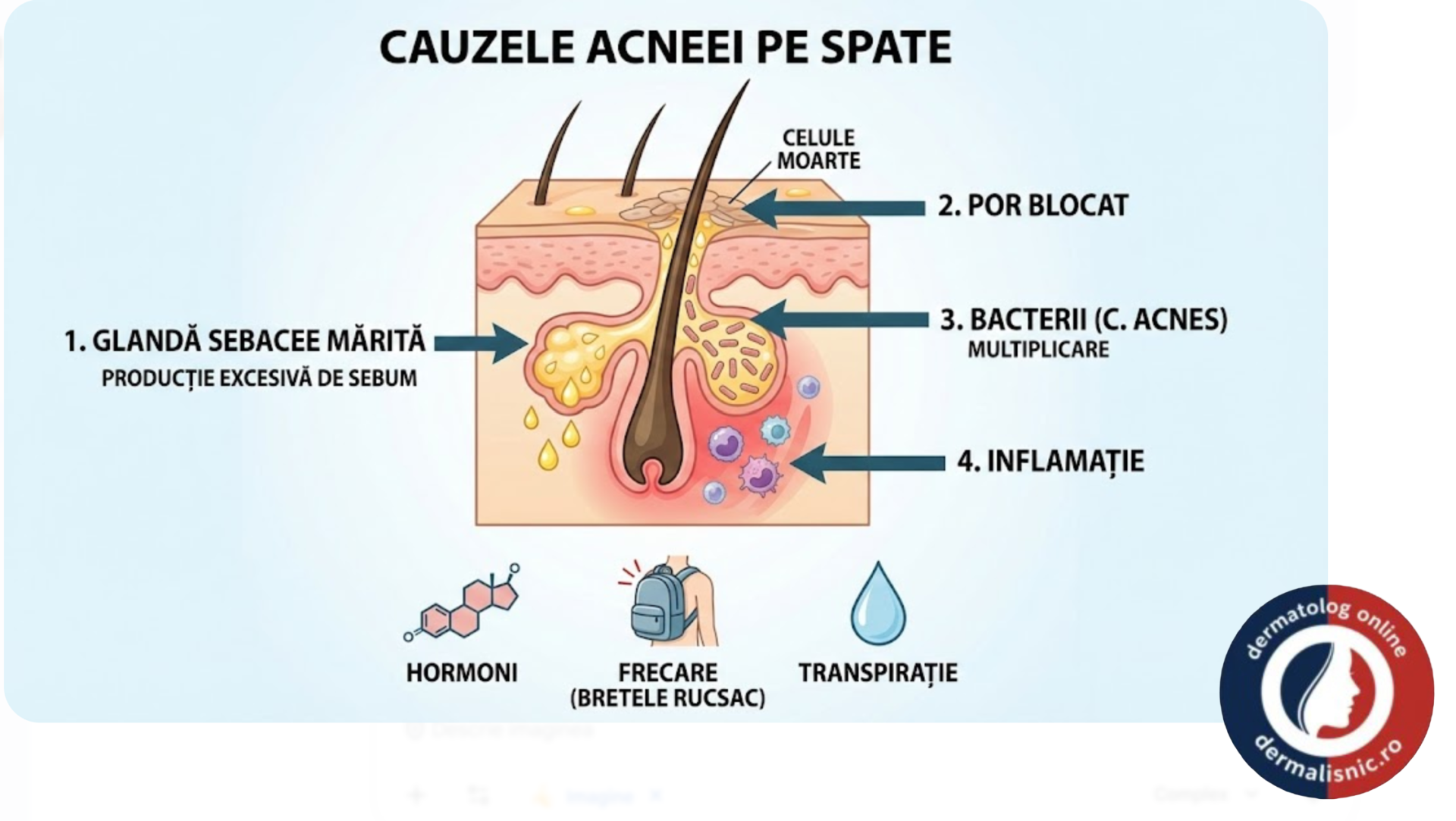 Infografic ilustr&acirc;nd cauzele complexe ale acneei pe spate, Coșuri pe Spate: producția excesivă de sebum, blocarea porilor, bacterii (Cutibacterium acnes) și inflamație. Include factori agravanți precum hormoni și fricțiune.