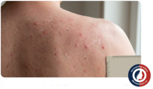 O imagine detaliată a spatelui unei persoane cu acnee truncală, arătând papule roșii, puncte albe și negre, și cicatrici ușoare. Ilustrează afecțiunea cutanată.