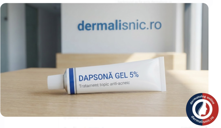 Compoziție abstractă medicală reprezentând structura dapsonei și textura de gel.