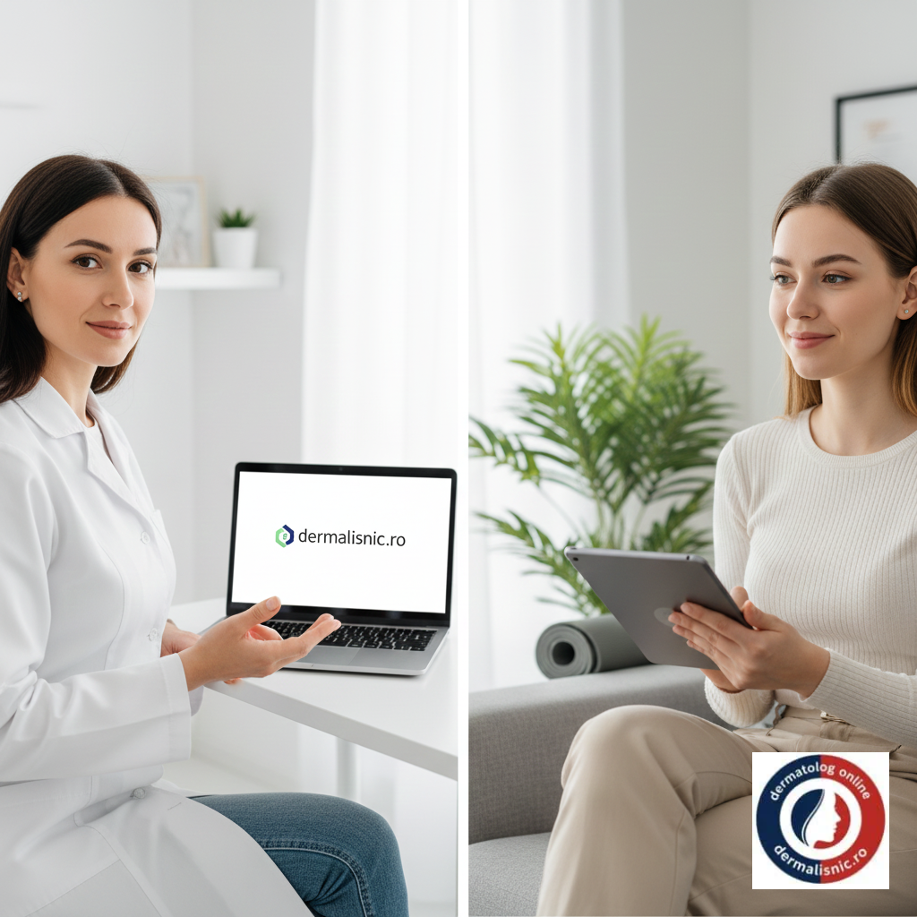 Dermatolog online explicând abordări complementare și terapii adjuvante unui pacient, prin consult online 'dermalisnic', pentru o îngrijire holistică post-isotretinoină.