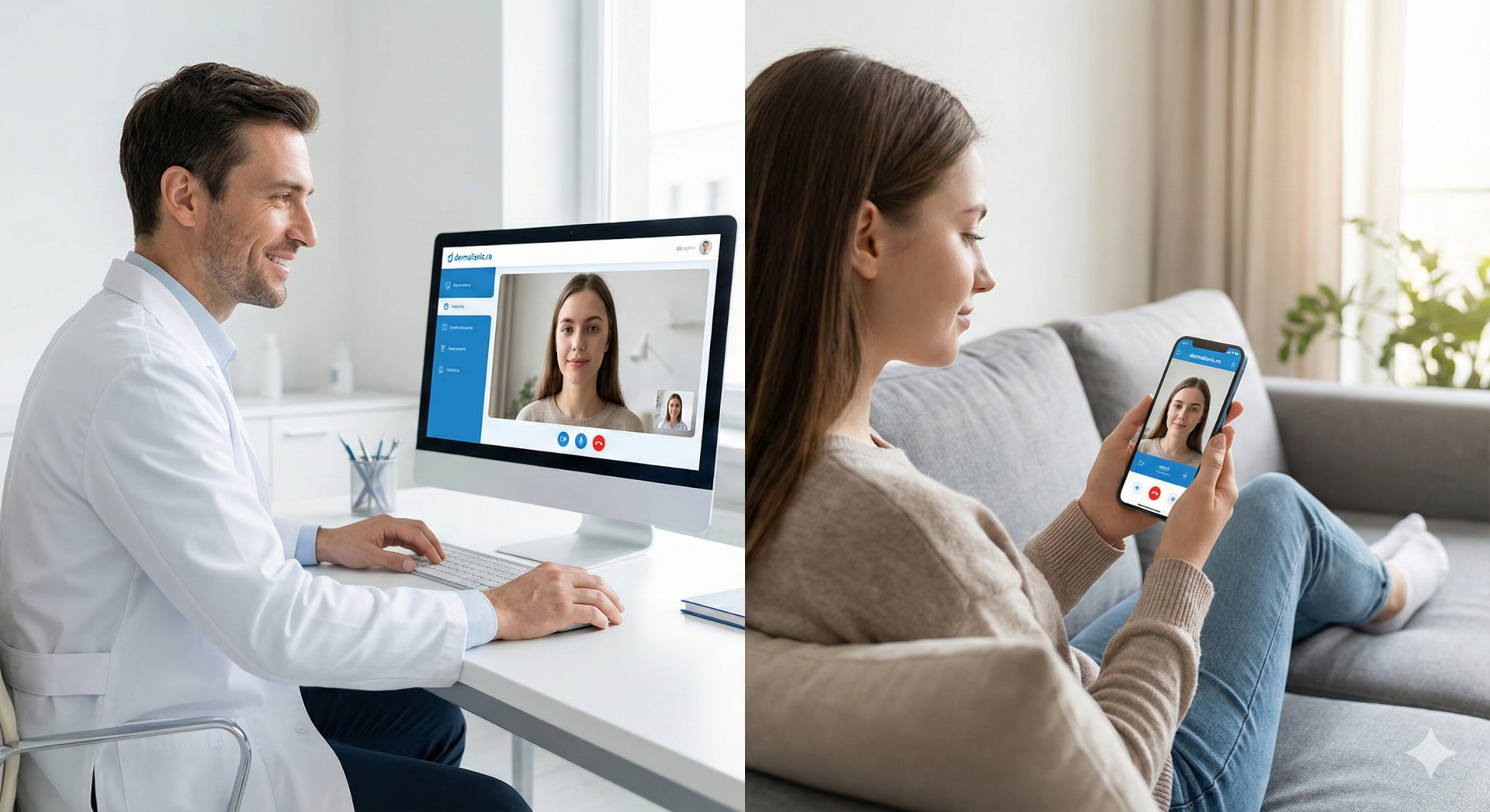Consultație rapidă și accesibilă cu un dermatolog online 'dermalisnic', ilustrând ușurința și eficiența serviciilor de telemedicină și tratament la distanță.