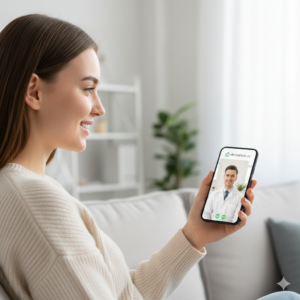 Tânără zâmbitoare cu ten curat după tratament, consultând un dermatolog online de la 'dermalisnic' pentru menținerea rezultatelor și prevenirea recurenței acneei.