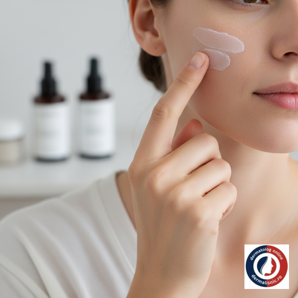 Rutina de îngrijire a pielii: pacient aplicând cremă hidratantă, esențială pentru menținerea tenului curat după tratamentul cu isotretinoină, cu sfaturi de la un dermatolog online.