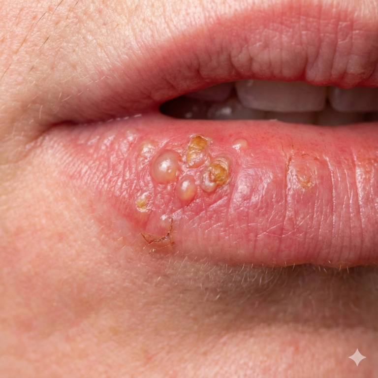Ilustrație clinică macro detaliată a afecțiunii Herpes Simplex (Leziuni Bucale și Genitale): Recunoaștere, Prevenție și Gestiune Eficientă a Episoadelor.