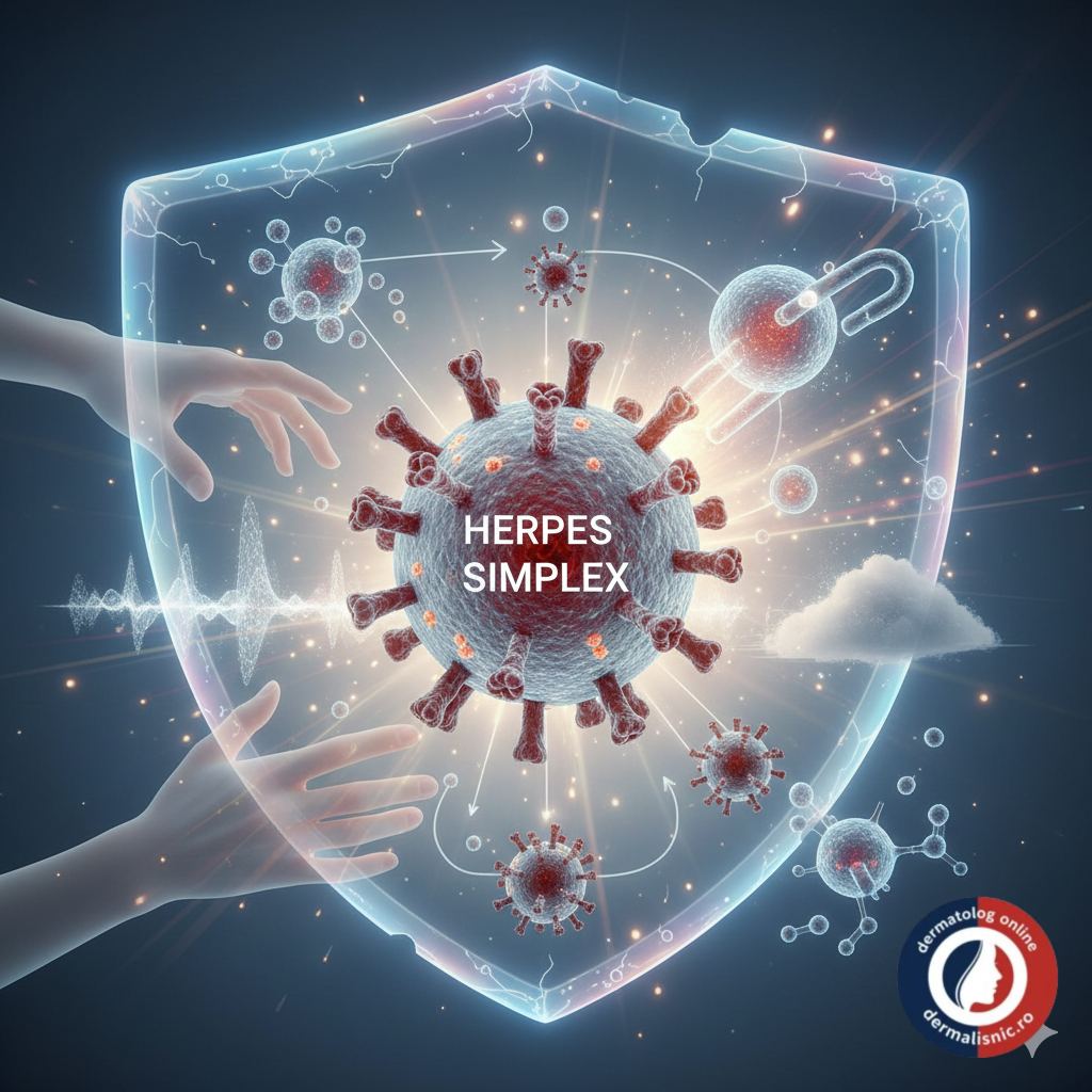 Ilustrație conceptuală a factorilor de risc pentru Herpes Simplex (Leziuni Bucale și Genitale): Recunoaștere, Prevenție și Gestiune Eficientă a Episoadelor.