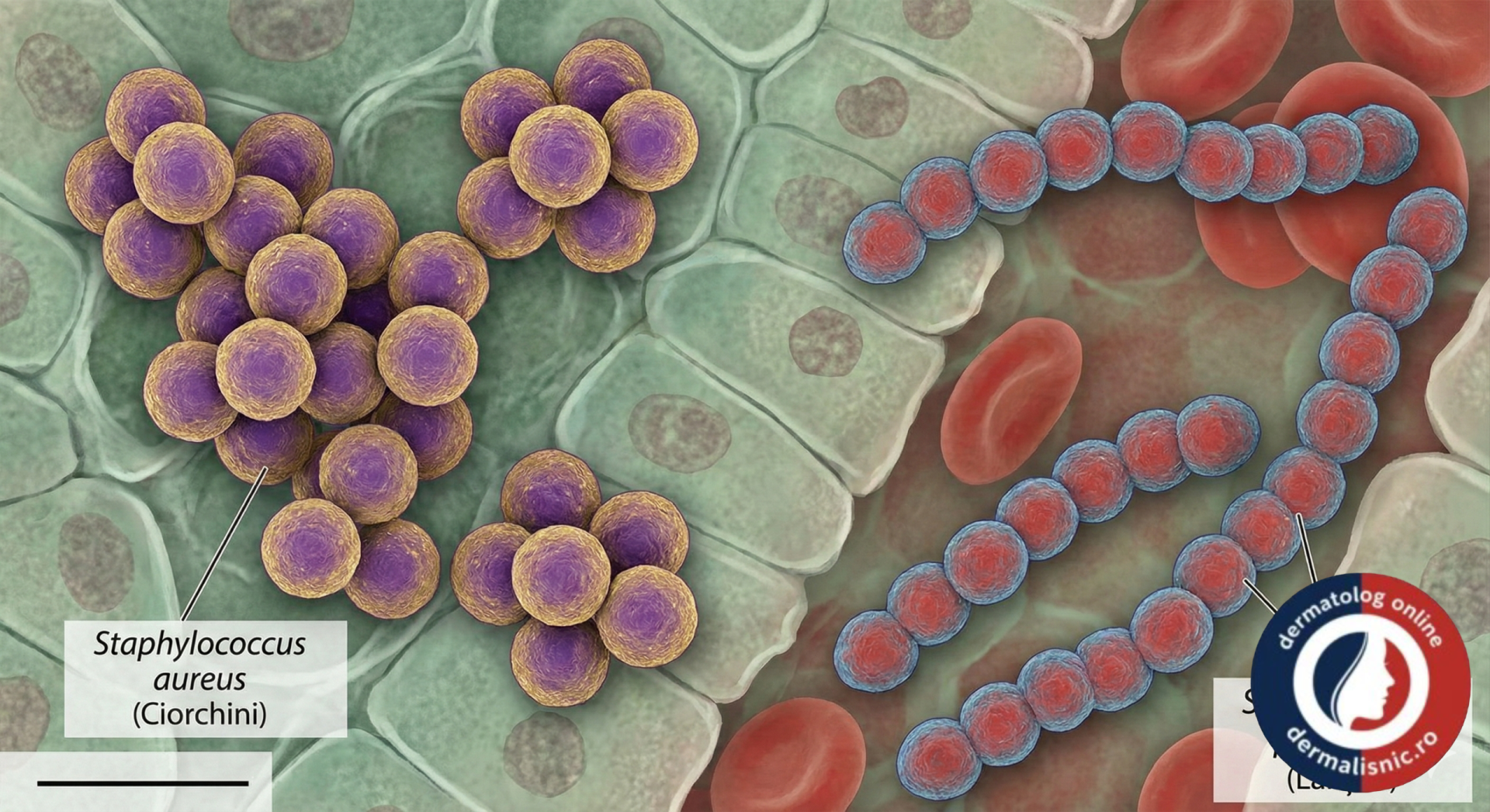 Vedere microscopică a bacteriilor Staphylococcus aureus (coci &icirc;n ciorchini) și Streptococcus pyogenes (coci &icirc;n lanțuri), principalii agenți cauzatori ai impetigo.