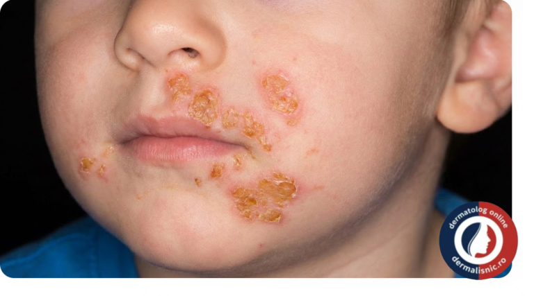 Imagine macro a pielii unui copil, arătând leziuni de impetigo non-buloase cu cruste aurii, tipice în jurul nasului și gurii.