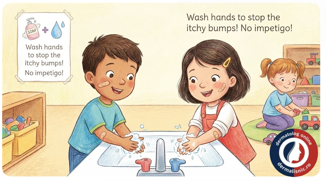 Un copil spală cu atenție m&acirc;inile cu apă și săpun, ilustr&acirc;nd importanța igienei pentru prevenirea impetigo.