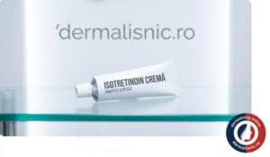 Tub de cremă cu Isotretinoină topică, simbolizând tratamentul pentru acnee vulgară ușoară până la moderată, cu imagini stilizate ale pielii înainte și după, pentru a clarifica ce este Isotretinoin Cremă.