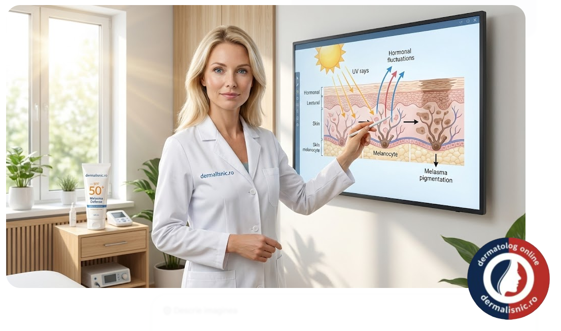 Dermatolog explicând cauzele hormonale și solare ale melasmei la clinica Dermalisnic