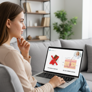 O tânără consultă un dermatolog online de la Dermalisnic pe laptop, demontând mituri despre acnee. Imagine principală despre adevăr și ficțiune în tratamentul acneei.