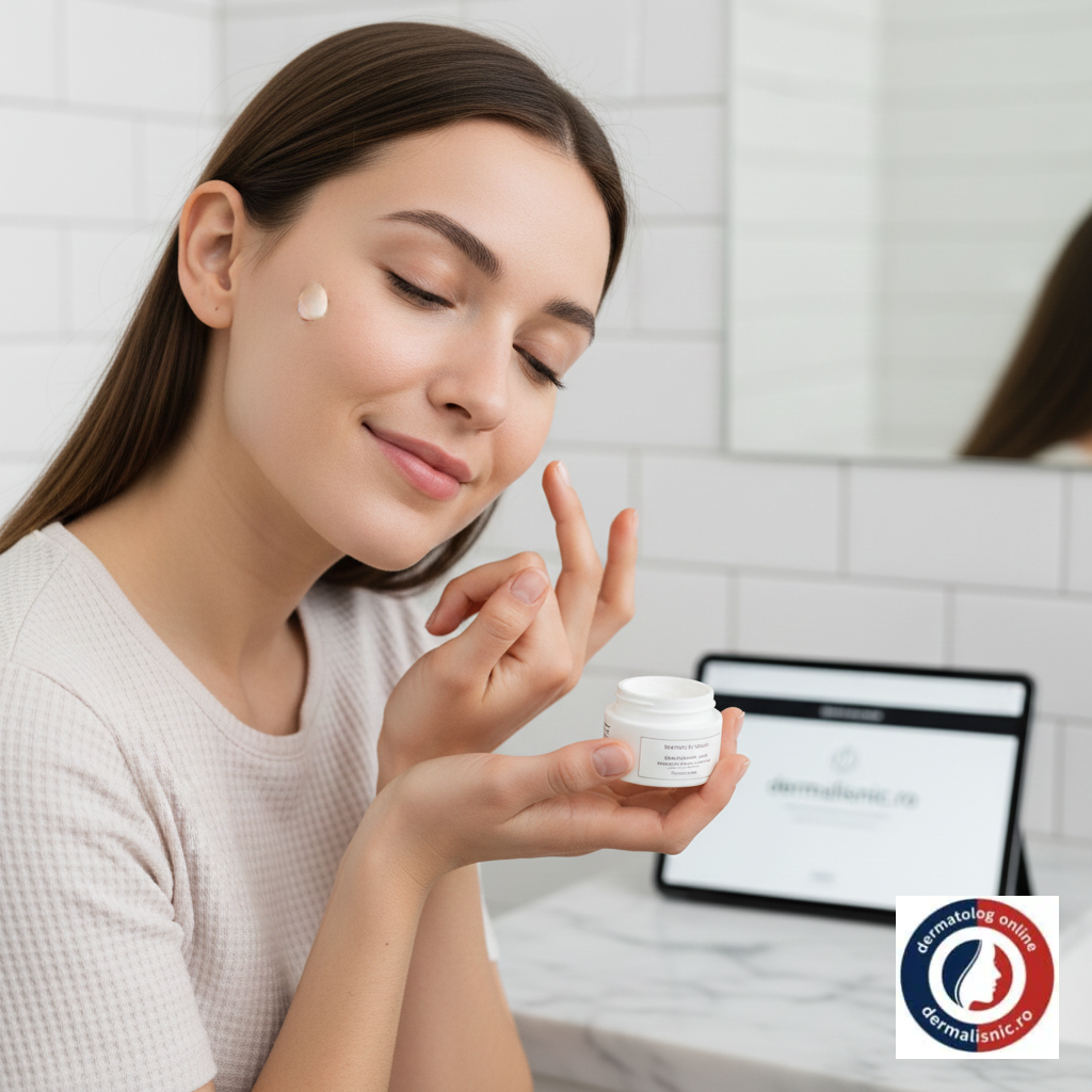 O tânără cu piele sănătoasă aplică un produs de îngrijire, urmând rutina recomandată de dermatologul online Dermalisnic pentru prevenția acneei.