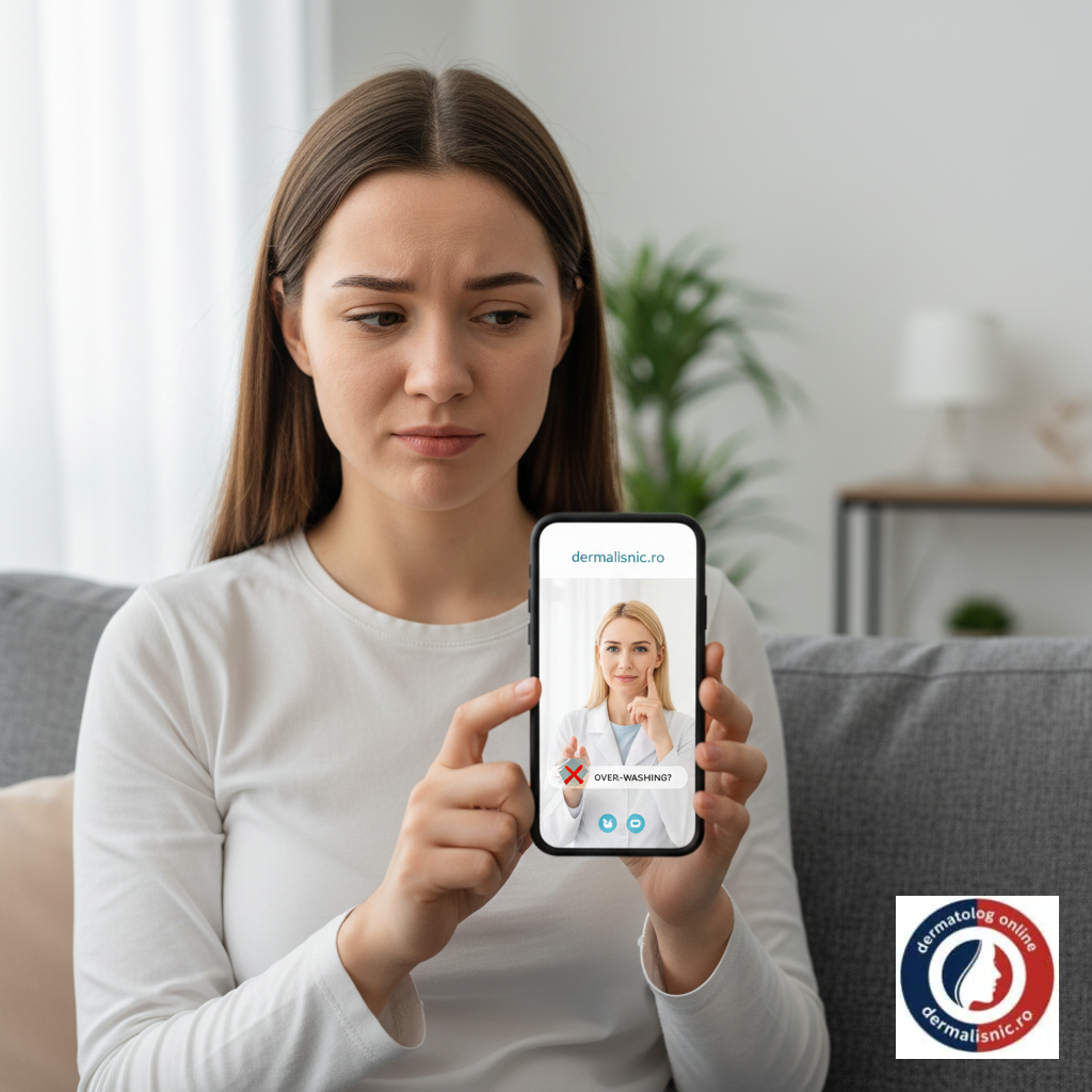 O tânără în timpul unui consult online Dermalisnic cu un dermatolog online, întrebându-se dacă spălatul excesiv poate provoca acnee.