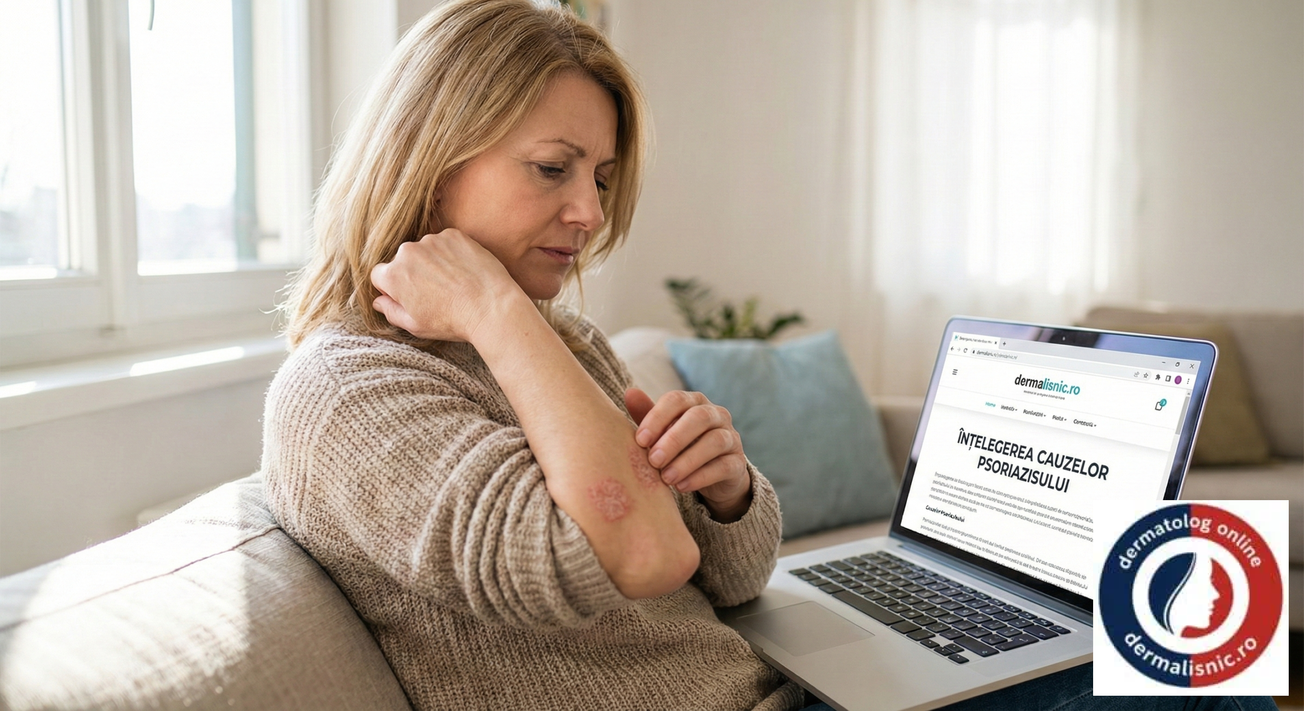 Un bărbat european studiază cauzele psoriazisului pe smartphone, având o consultație online prin 'dermalisnic', căutând răspunsuri de la un dermatolog online.