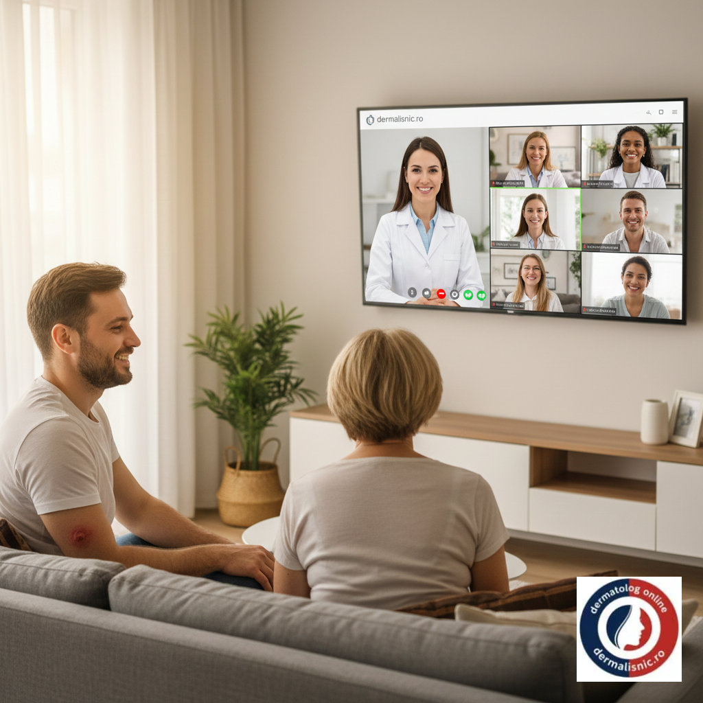Un dermatolog online european explică factorii care agravează psoriazisul pe ecranul laptopului, oferind sfaturi personalizate prin 'dermalisnic'.