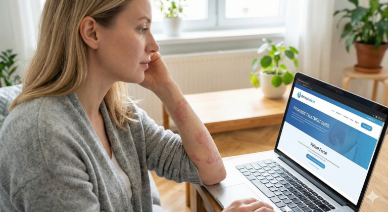 O femeie tânără cu psoriazis consultă informații despre tratament pe laptop, afișând logo-ul 'dermalisnic.ro', simbolizând accesul la consult online și suport de la un dermatolog online.