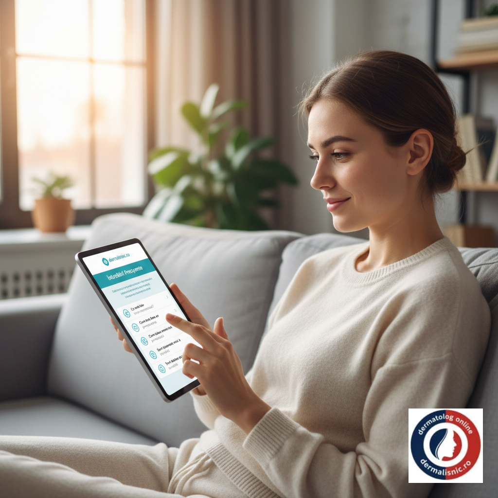 O femeie europeană parcurge secțiunea de Întrebări Frecvente pe tableta sa, accesând informații utile de la 'dermalisnic', o resursă valoroasă de la un dermatolog online. Psoriazis: Tipuri, Simptome și Opțiuni de Tratament