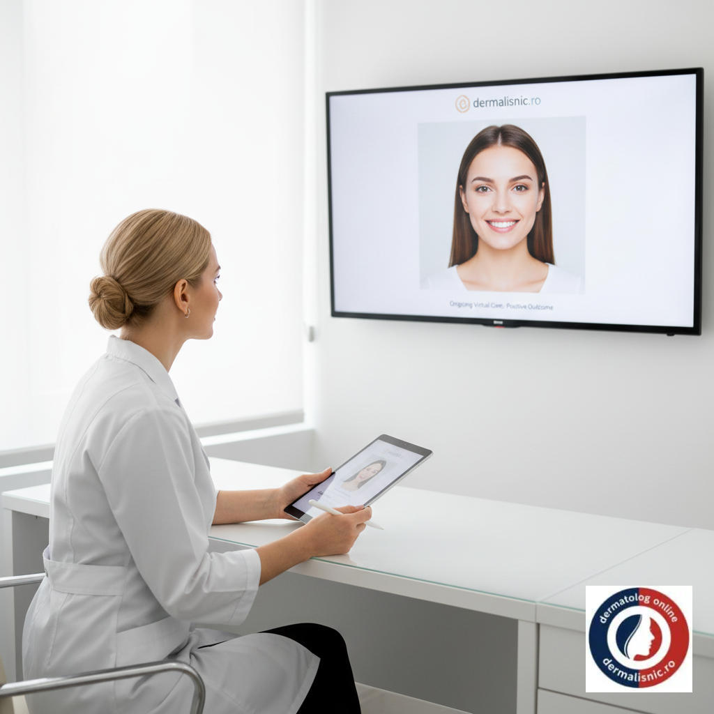 Dermatolog online de la Dermalisnic analizând progresul unui pacient după consult, simbolizând rezultatele pozitive și îngrijirea continuă oferită prin telemedicină.
