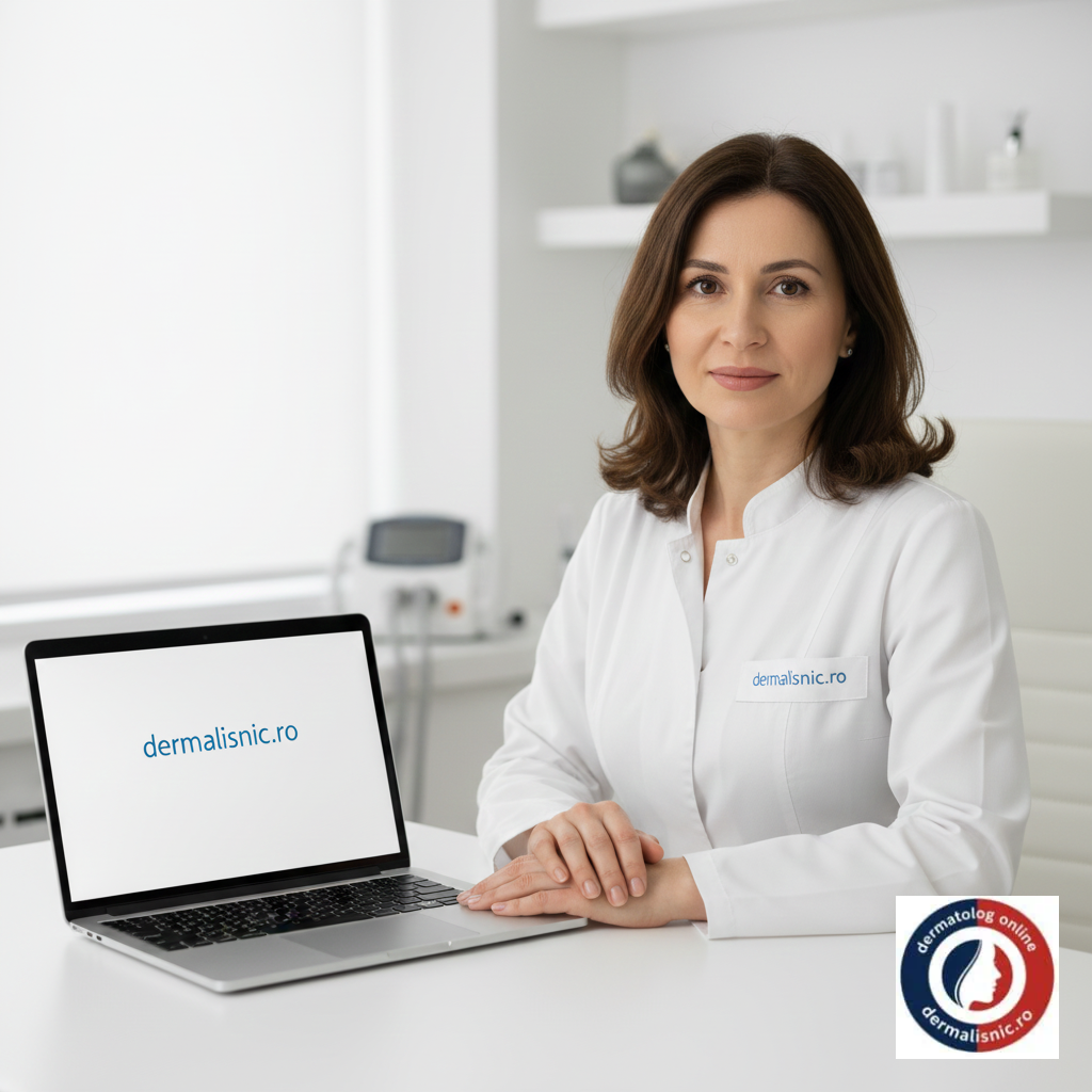 Dermatolog online profesionist de la Dermalisnic, pregătit să ofere informații și consultanță medicală prin telemedicină, cu un disclaimer vizibil pe ecranul laptopului.