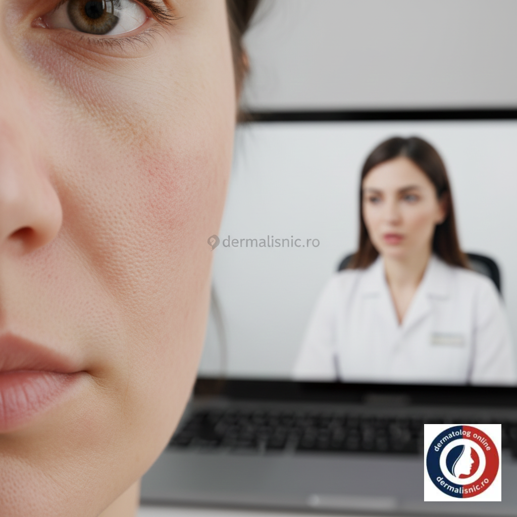 Macro close-up cu piele europeană cu textură realistă, arătând semne subtile de rozacee, în timp ce un consult online cu un dermatolog Dermalisnic oferă îndrumare despre factorii declanșatori ai afecțiunii.