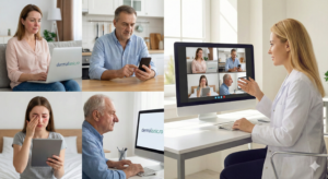 Dermatolog online oferind consult specializat pentru diverse tipuri de rozacee (eritemato-telangiectatică, papulo-pustuloasă, oculară și fimatosa) prin platforma Dermalisnic. Pacienți europeni interacționează cu medicul prin laptop și telefon pentru identificarea și gestionarea eficientă a afecțiunii pielii.