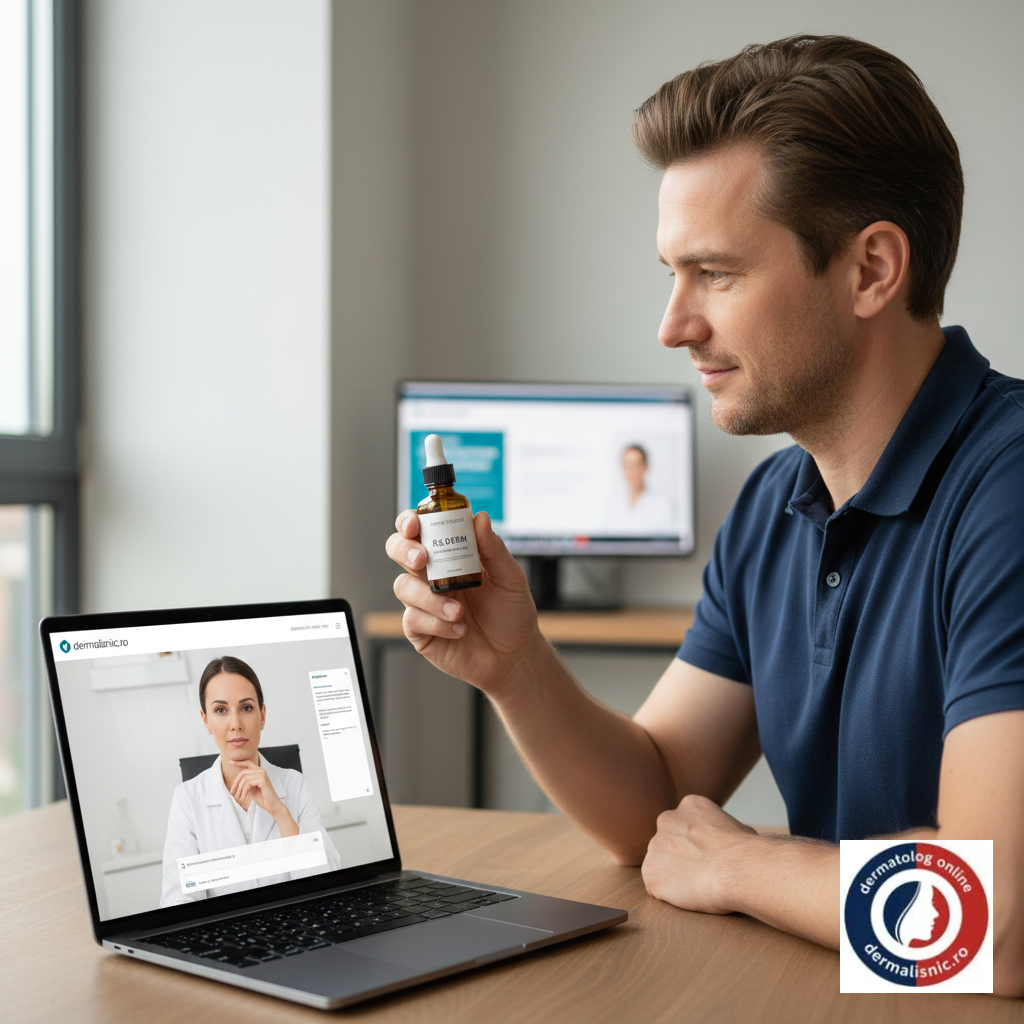 Consult online Dermalisnic unde un pacient european discută opțiunile de tratament personalizat pentru rozacee, arătând un produs topic dermatologic. Dermatologul online oferă consiliere detaliată despre terapii.