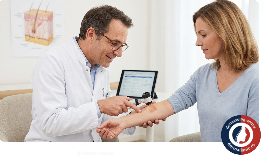 Un medic dermatolog examinând brațul unui pacient, ilustrând procesul de diagnostic și consult medical pentru afecțiuni cutanate precum urticaria.
