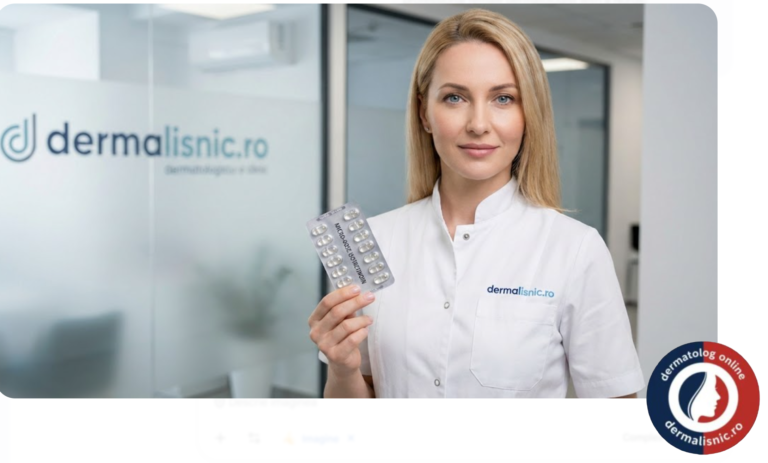 Top 5 Tratamente Rozacee în 2026: Medic dermatolog Dermalisnic prezentând tratamentul cu isotretinoină în micro-doze pentru rozacee, estetică clinică modernă.