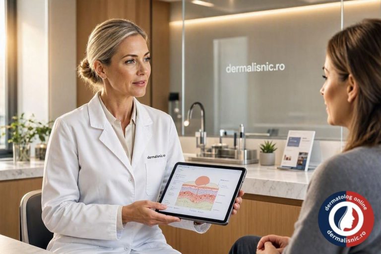 Medic dermatolog explicând conceptul de candidoză genitală într-o clinică modernă Dermalisnic