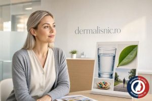 Femeie cu ten deschis reflectând la legătura dintre Stilul de viață și Dieta în Acnee într-o clinică Dermalisnic